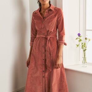 Boden Judith Corduroy Button-Front Midi Shirt Dress in Red Oak US 2R